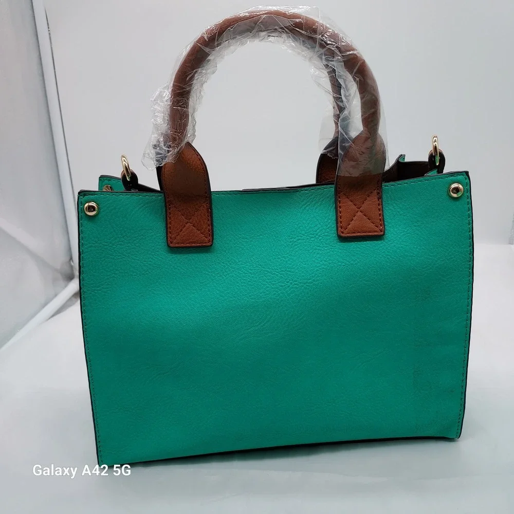 Teal Pebbled Faux Leather Satchel Handbag Set with Pouch and Cognac Trim